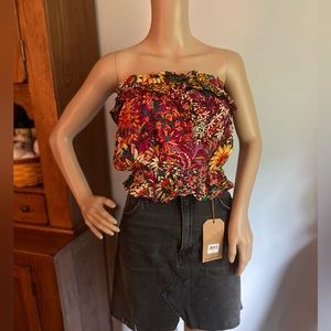 NWT $80 Maeve | Anthropologie | Bright Floral Strapless Top in Red Orange